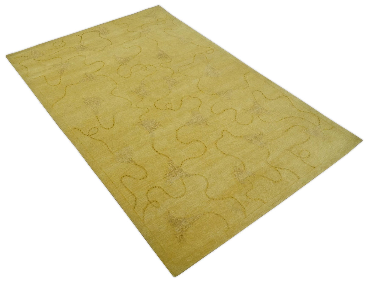 Gold Hand knotted contemporary 6x9 wool And Art Silk Area Rug-Area Rug-Parc Decor