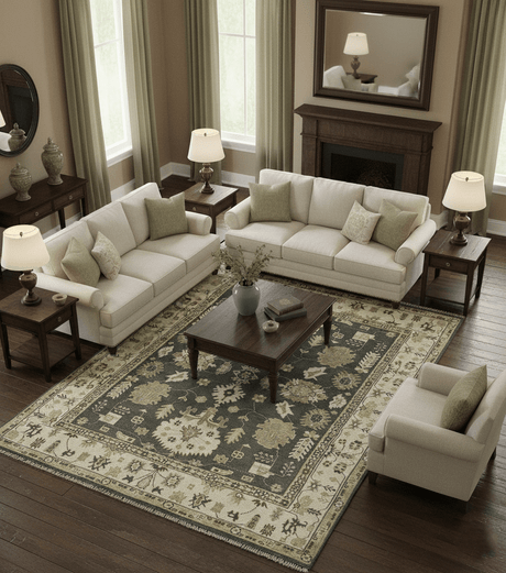Gray And Beige Oushak Hand Knotted Custom Made Wool Rug