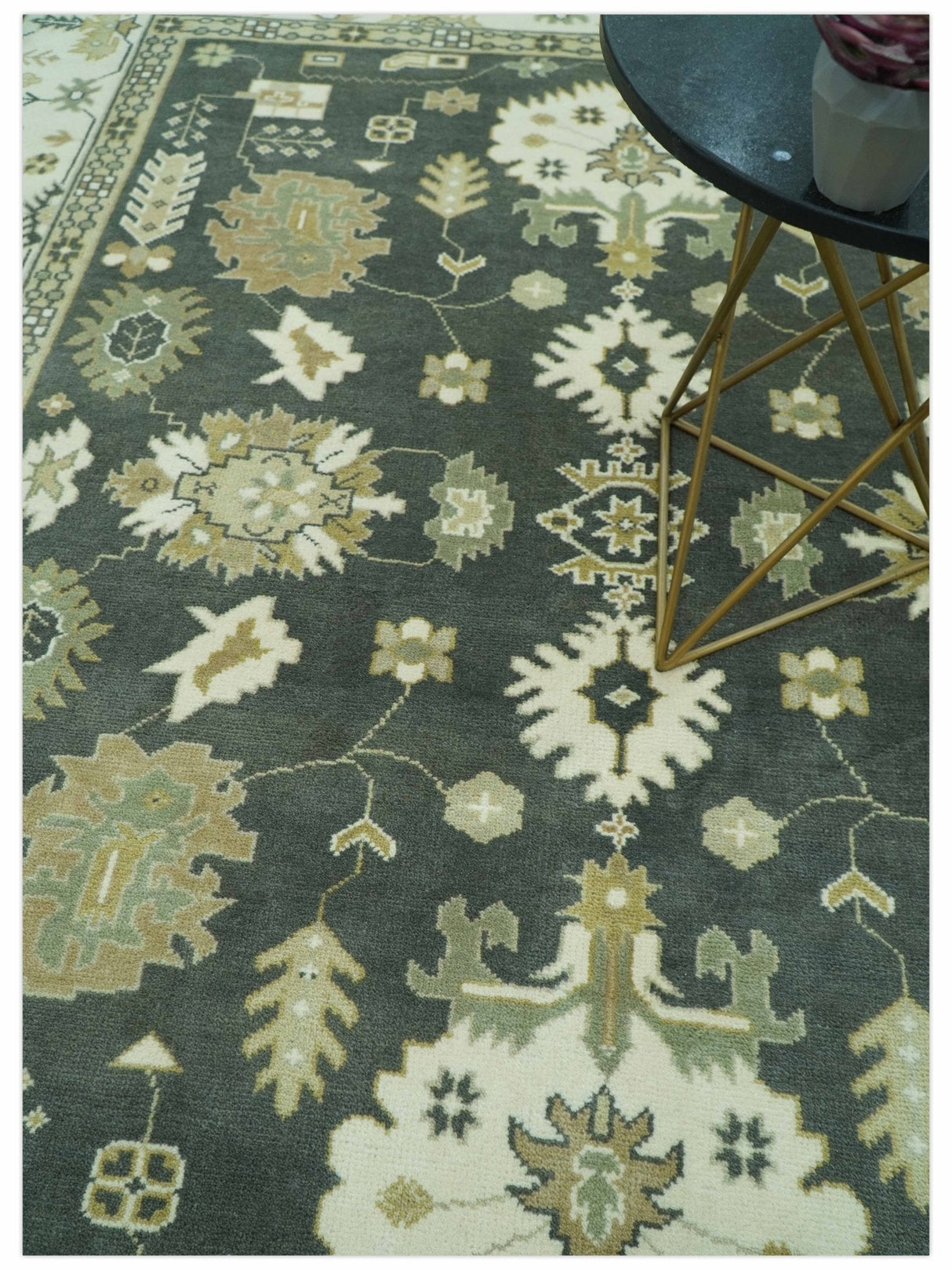 Gray And Beige Oushak Hand Knotted Custom Made Wool Rug