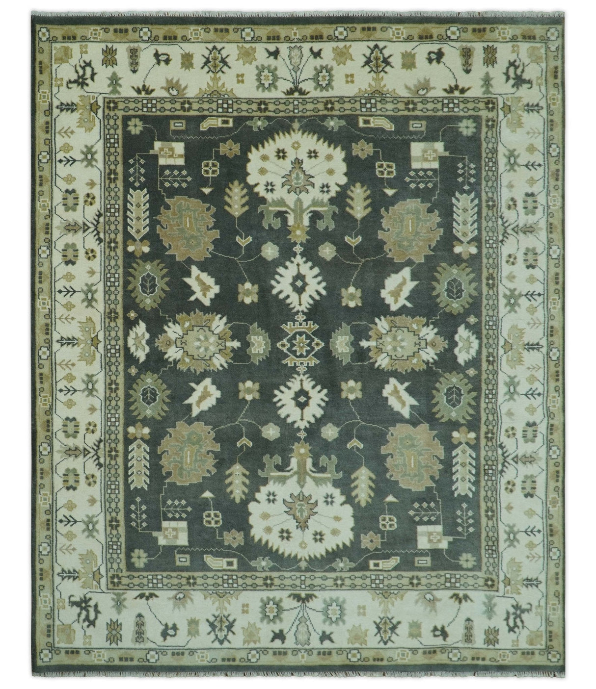 Gray And Beige Oushak Hand Knotted Custom Made Wool Rug