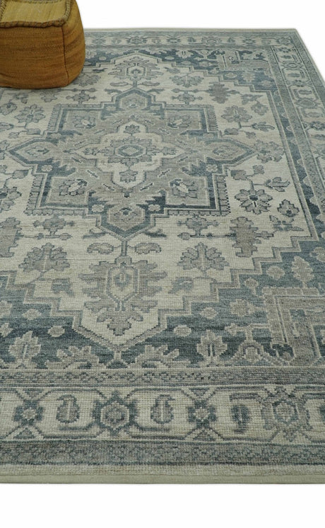 Gray And Beige Turkish Design Hand Knotted Custom Made Wool And Linen Rug