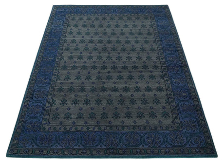 Gray and Blue Traditional Hand Knotted Antique Style low Pile Custom Made Wool Area Rug