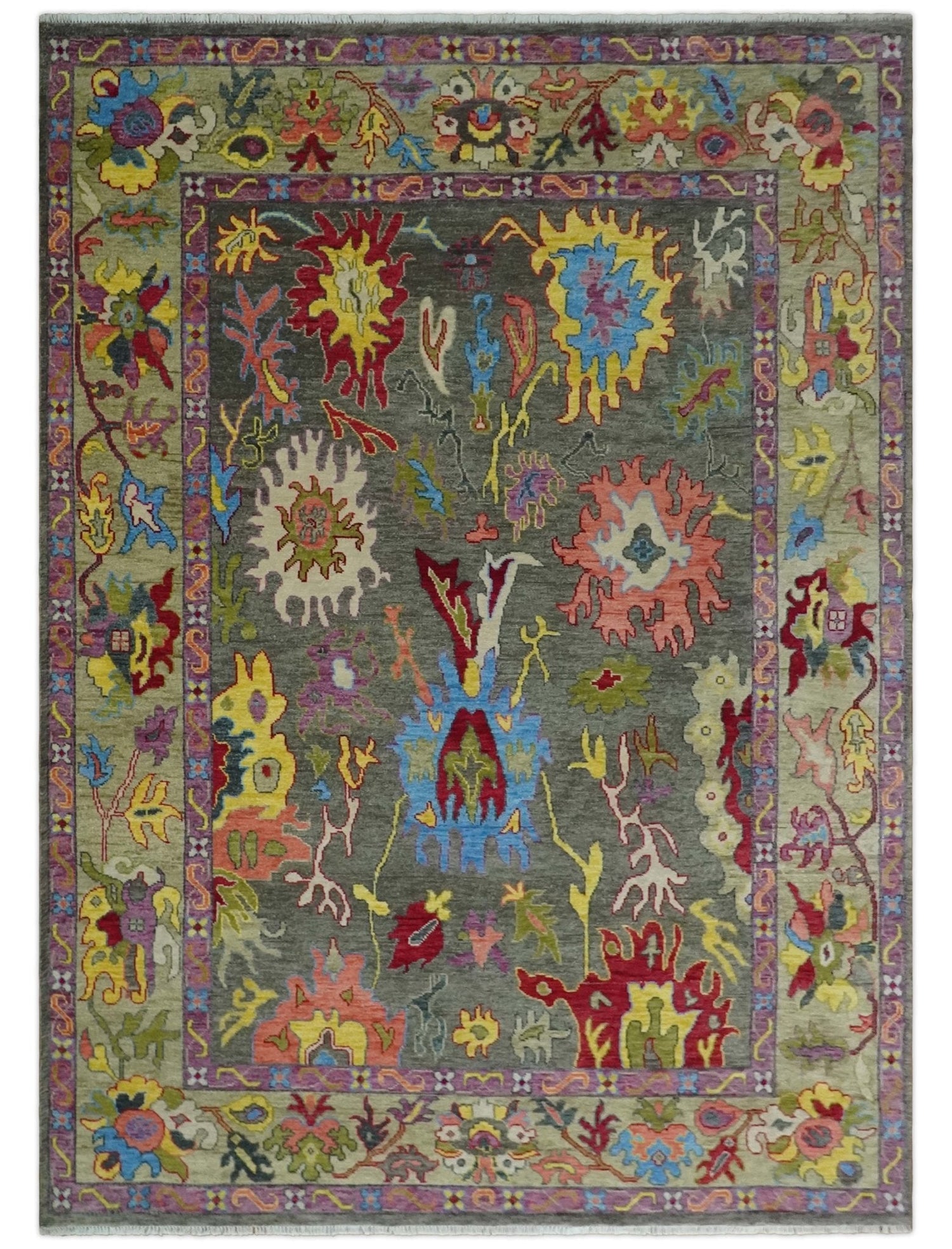Gray and Olive Wool Colorful Hand knotted Traditional Oushak Multi Size wool Area Rug