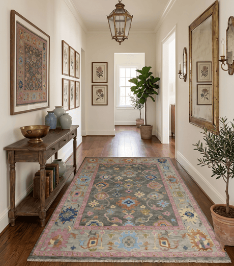 Gray and Pink Traditional Oushak Hand knotted Wool Area Rug