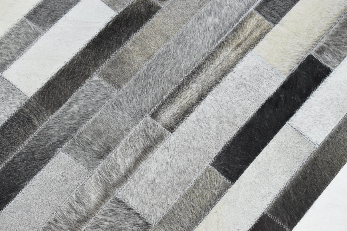 Gray and Silver Handmade 5x8 Stripe Design Leather Area Rug
