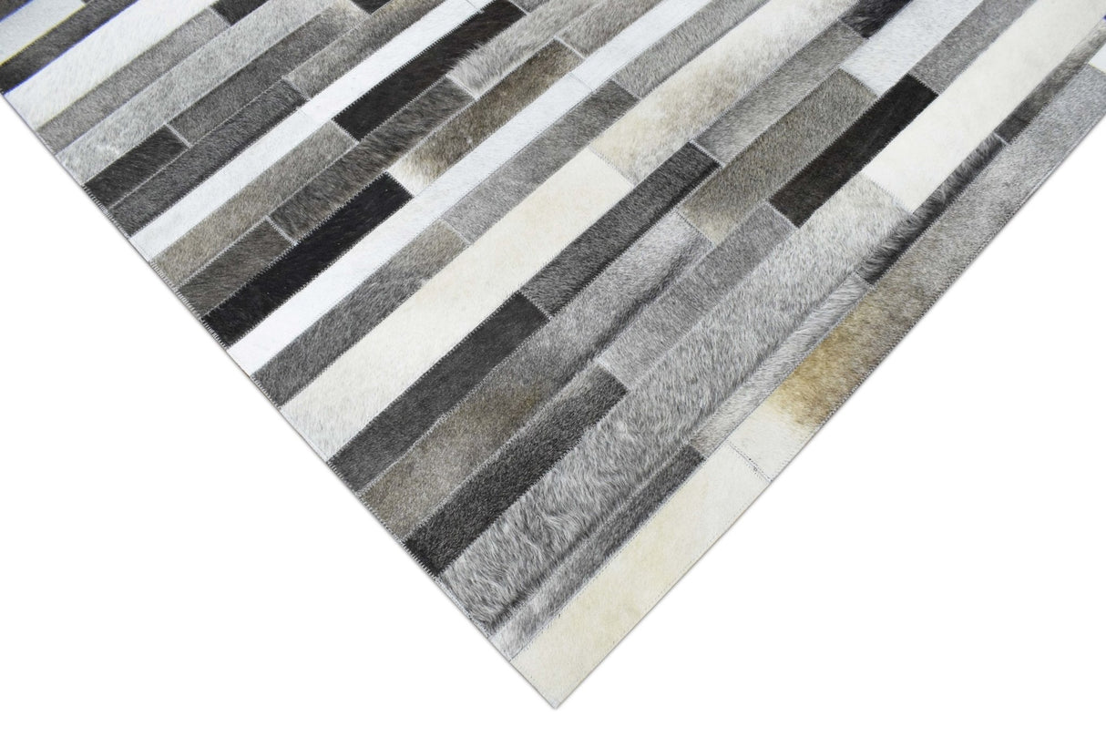 Gray and Silver Handmade 5x8 Stripe Design Leather Area Rug