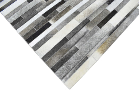 Gray and Silver Handmade 5x8 Stripe Design Leather Area Rug
