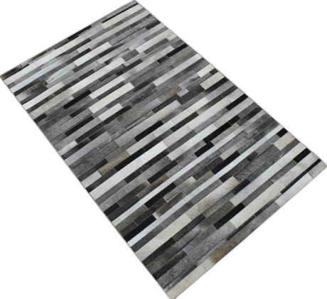 Gray and Silver Handmade 5x8 Stripe Design Leather Area Rug