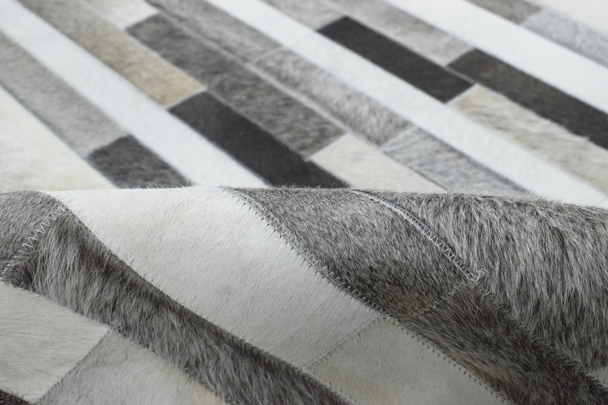 Gray and Silver Handmade 5x8 Stripe Design Leather Area Rug