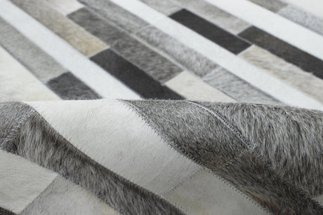 Gray and Silver Handmade 5x8 Stripe Design Leather Area Rug