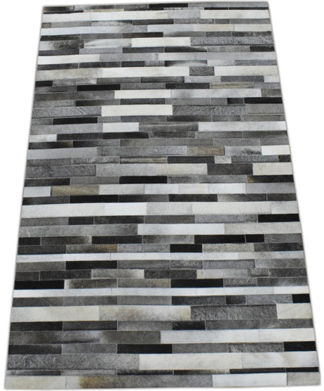 Gray and Silver Handmade 5x8 Stripe Design Leather Area Rug