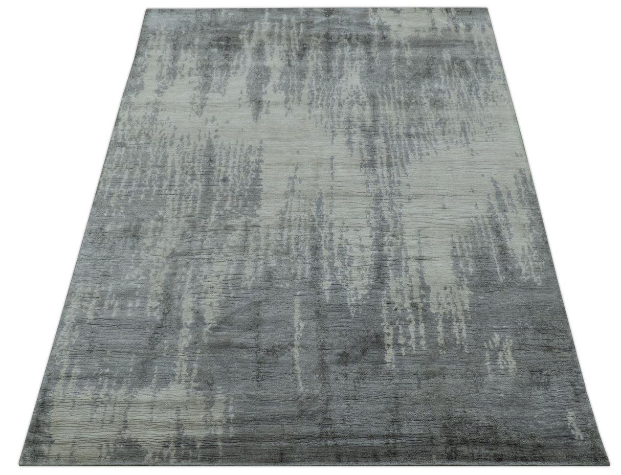 Gray And Silver Modern Abstract Design Hand Knotted Bamboo Silk Area Rug