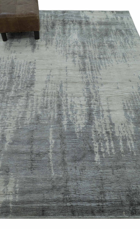 Gray And Silver Modern Abstract Design Hand Knotted Bamboo Silk Area Rug