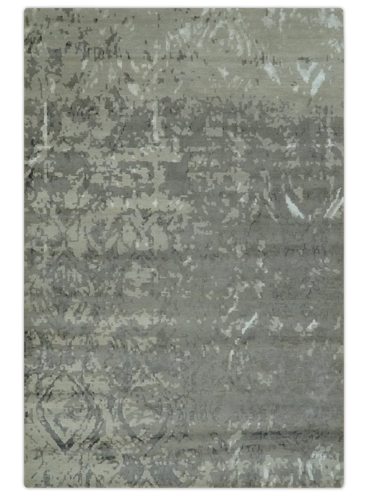 Gray and Silver Modern Abstract Hand knotted 6x9 Wool and Art Silk Area Rug-Area Rug-Parc Decor