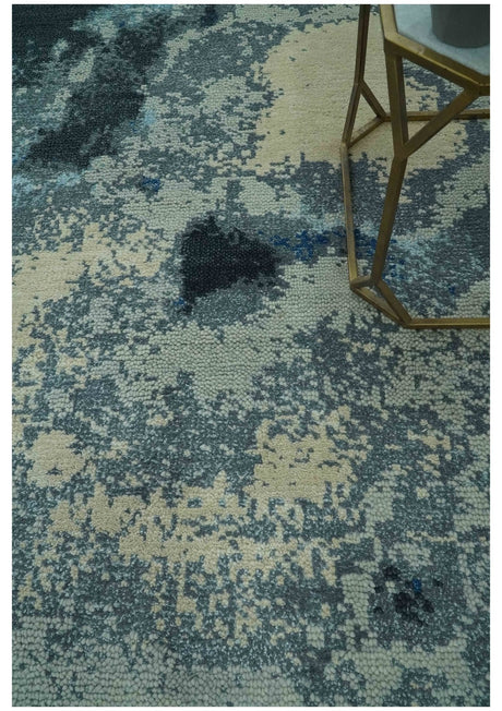 Gray, Blue and Black Modern Abstract 5x8 Hand Knotted wool area rug-Area Rug-Parc Decor