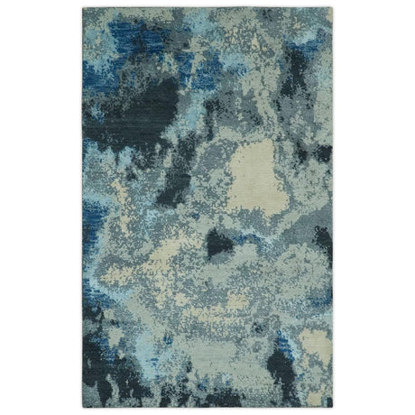 Gray, Blue and Black Modern Abstract 5x8 Hand Knotted wool area rug-Area Rug-Parc Decor