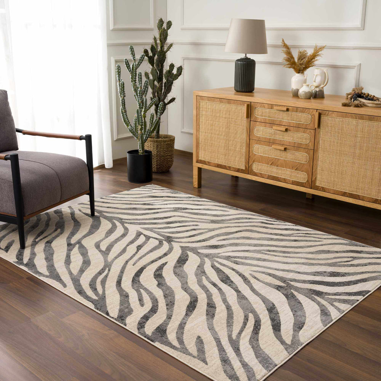 Gray Ecorse Zebra Print Area Rug-Rugs-Parc Decor