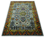 Gray, Gold and Mustard 5.6x8.6 Hand Knotted Traditional Oushak wool Area Rug