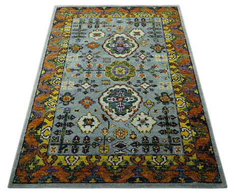 Gray, Gold and Mustard 5.6x8.6 Hand Knotted Traditional Oushak wool Area Rug