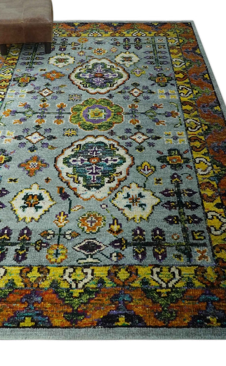 Gray, Gold and Mustard 5.6x8.6 Hand Knotted Traditional Oushak wool Area Rug