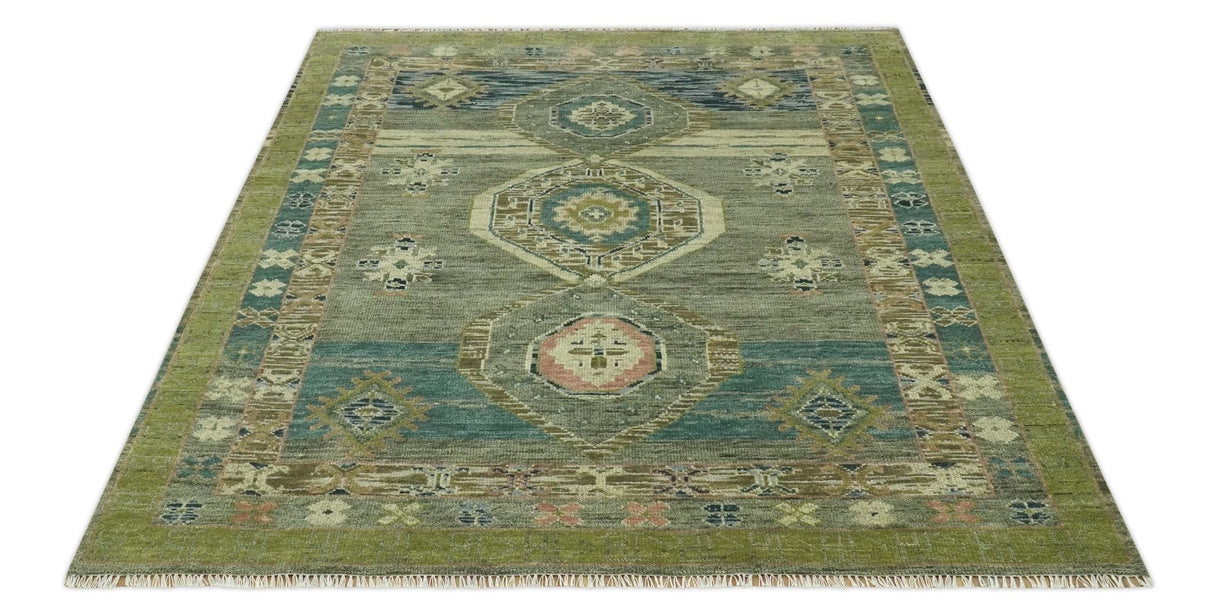 Green and Teal Traditional Hand Knotted Custom Made wool area rug