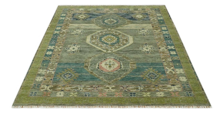 Green and Teal Traditional Hand Knotted Custom Made wool area rug