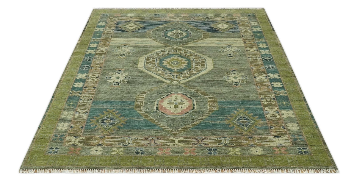 Green and Teal Traditional Hand Knotted Custom Made wool area rug