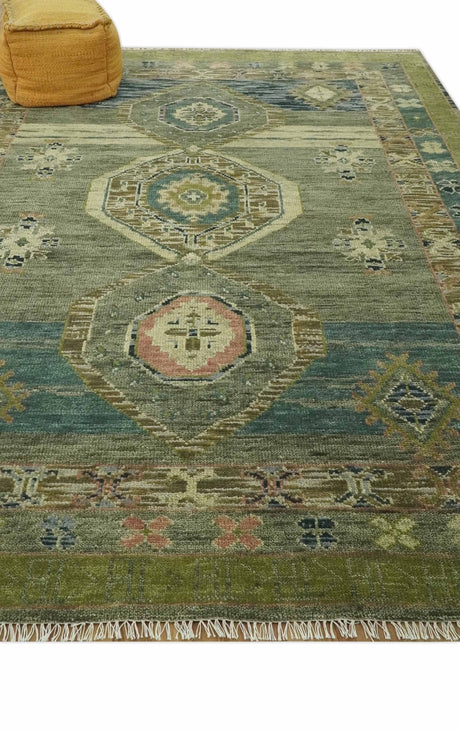 Green and Teal Traditional Hand Knotted Custom Made wool area rug