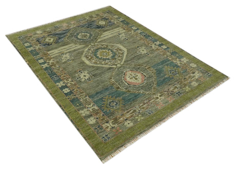 Green and Teal Traditional Hand Knotted Custom Made wool area rug