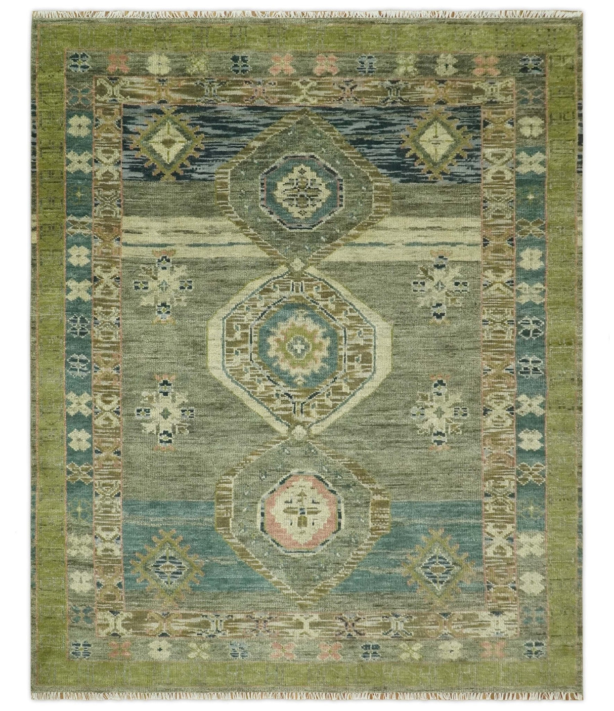 Green and Teal Traditional Hand Knotted Custom Made wool area rug