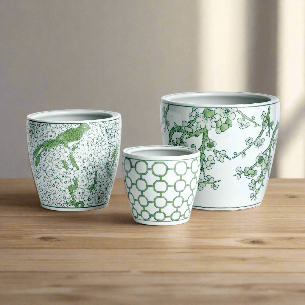 Green and White Chinoiserie Ceramic Planters (Set of 3)-Planter-Parc Decor