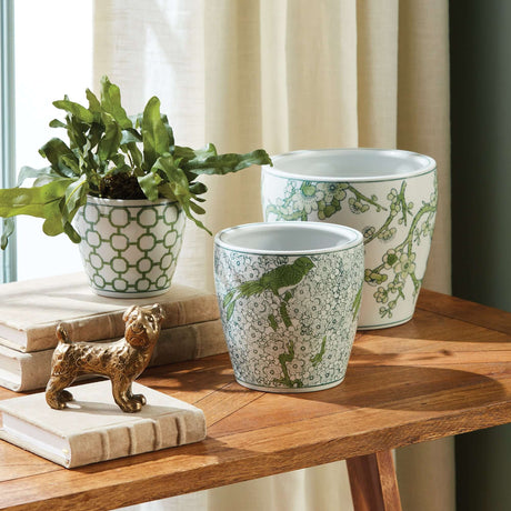 Green and White Chinoiserie Ceramic Planters (Set of 3)-Planter-Parc Decor