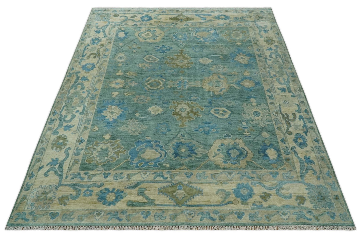 Green, Beige and Blue Hand knotted Traditional Oushak Multi Size Wool Area Rug