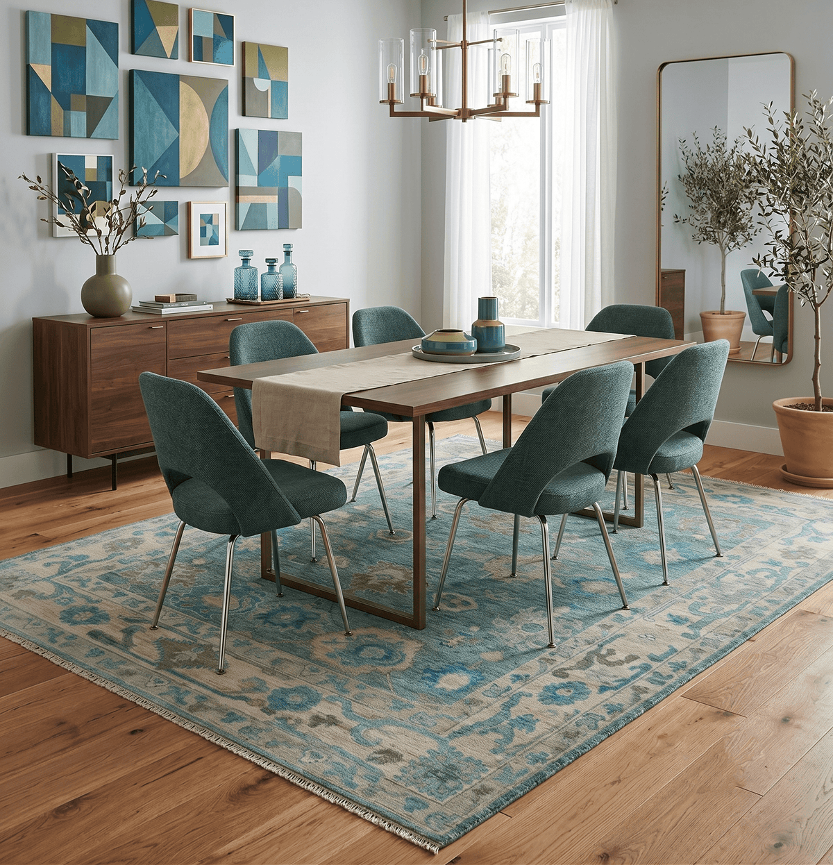 Green, Beige and Blue Hand knotted Traditional Oushak Multi Size Wool Area Rug