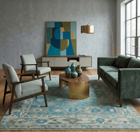 Green, Beige and Blue Hand knotted Traditional Oushak Multi Size Wool Area Rug