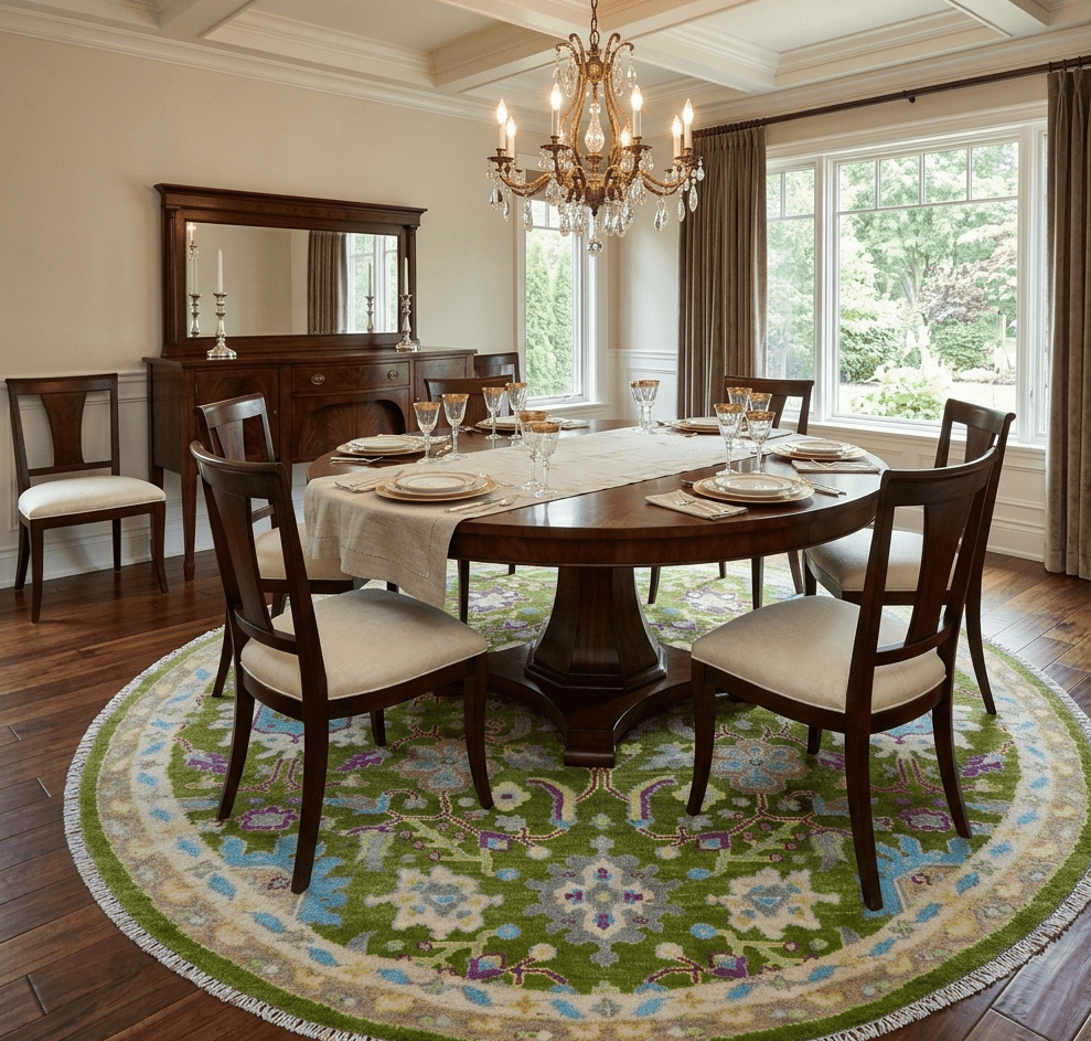 Green, Beige and Purple 8x8 Round Hand Knotted Oushak wool rug