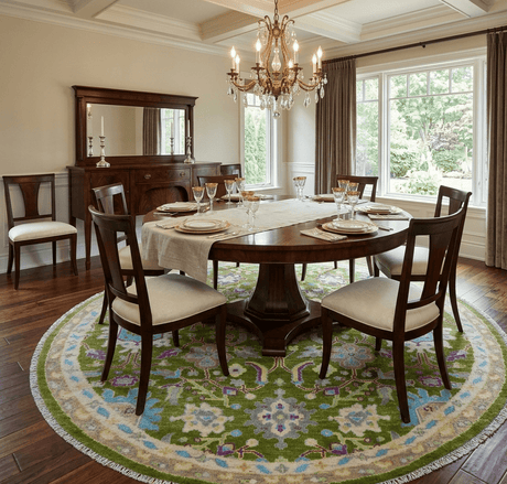 Green, Beige and Purple 8x8 Round Hand Knotted Oushak wool rug