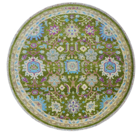 Green, Beige and Purple 8x8 Round Hand Knotted Oushak wool rug