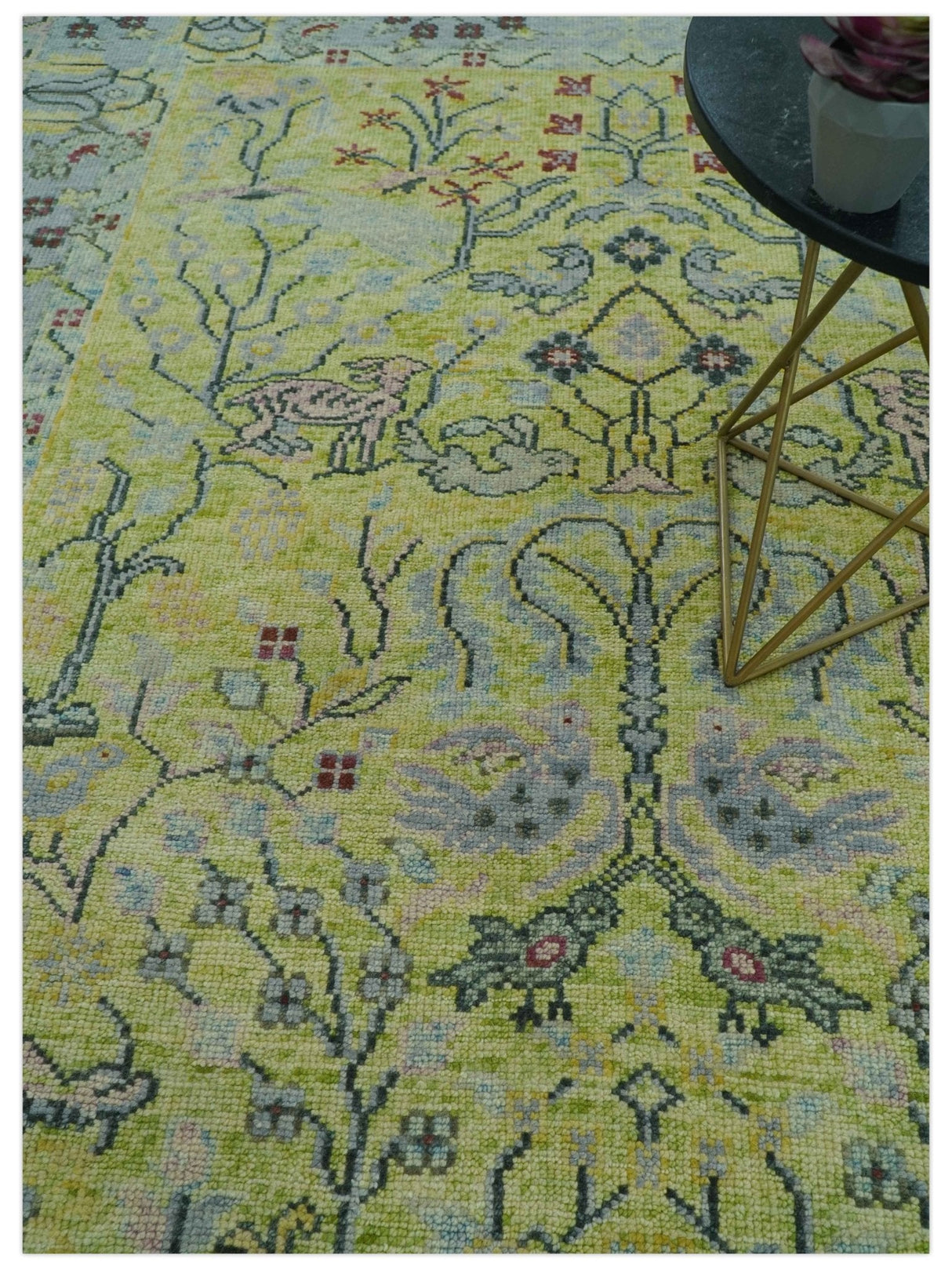 Green, Blue And Red Plant and Branches Hand Knotted Custom Made wool area rug