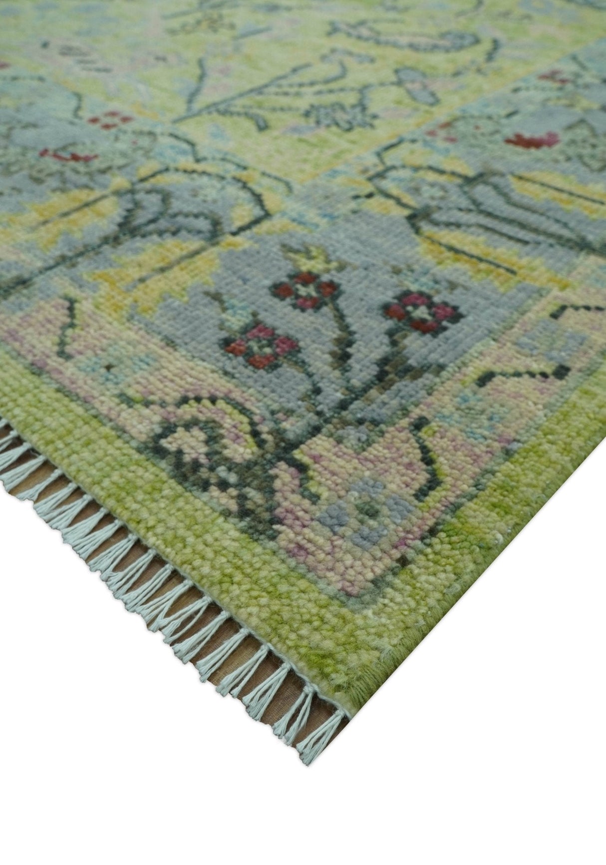 Green, Blue And Red Plant and Branches Hand Knotted Custom Made wool area rug