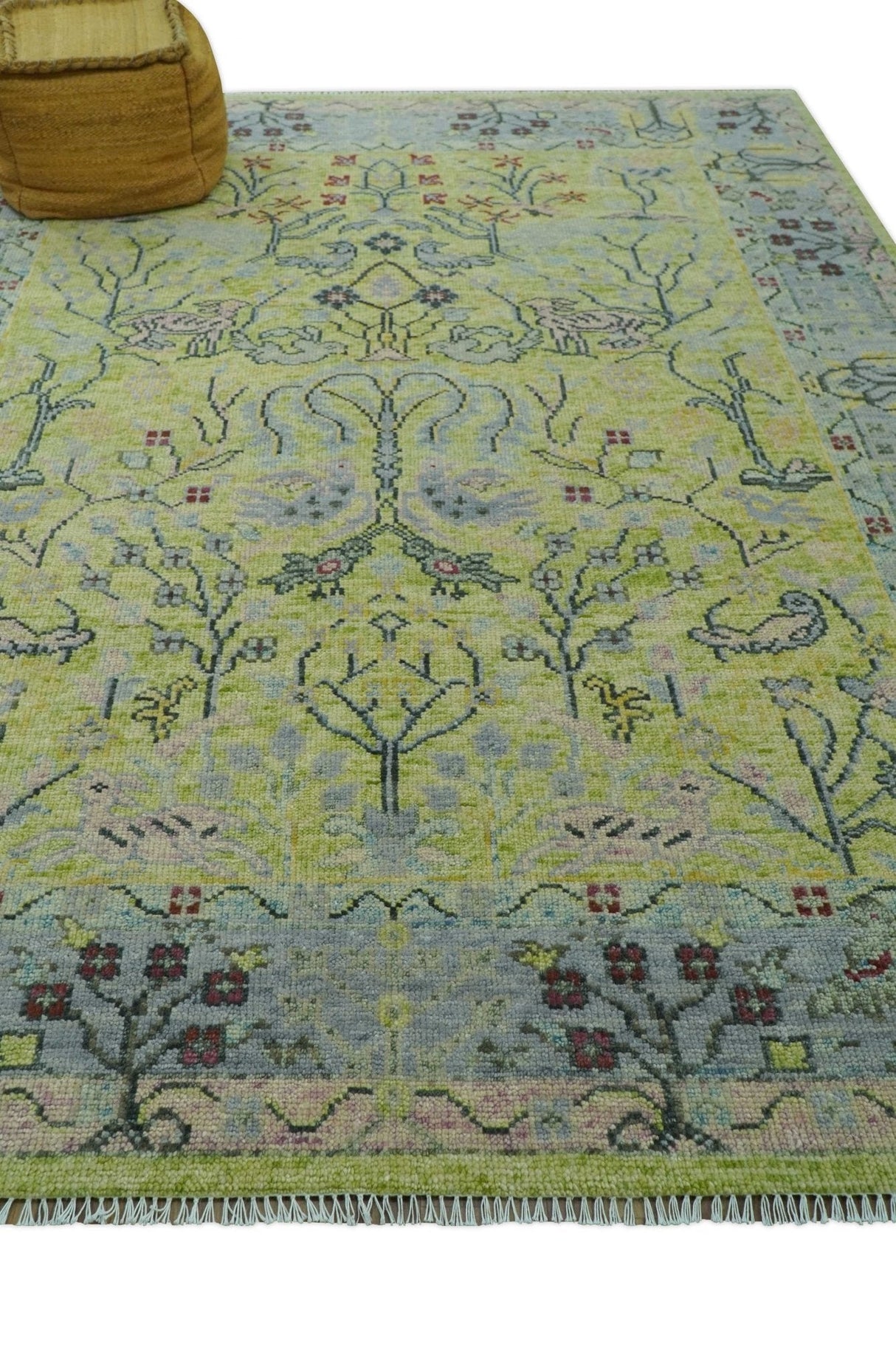 Green, Blue And Red Plant and Branches Hand Knotted Custom Made wool area rug