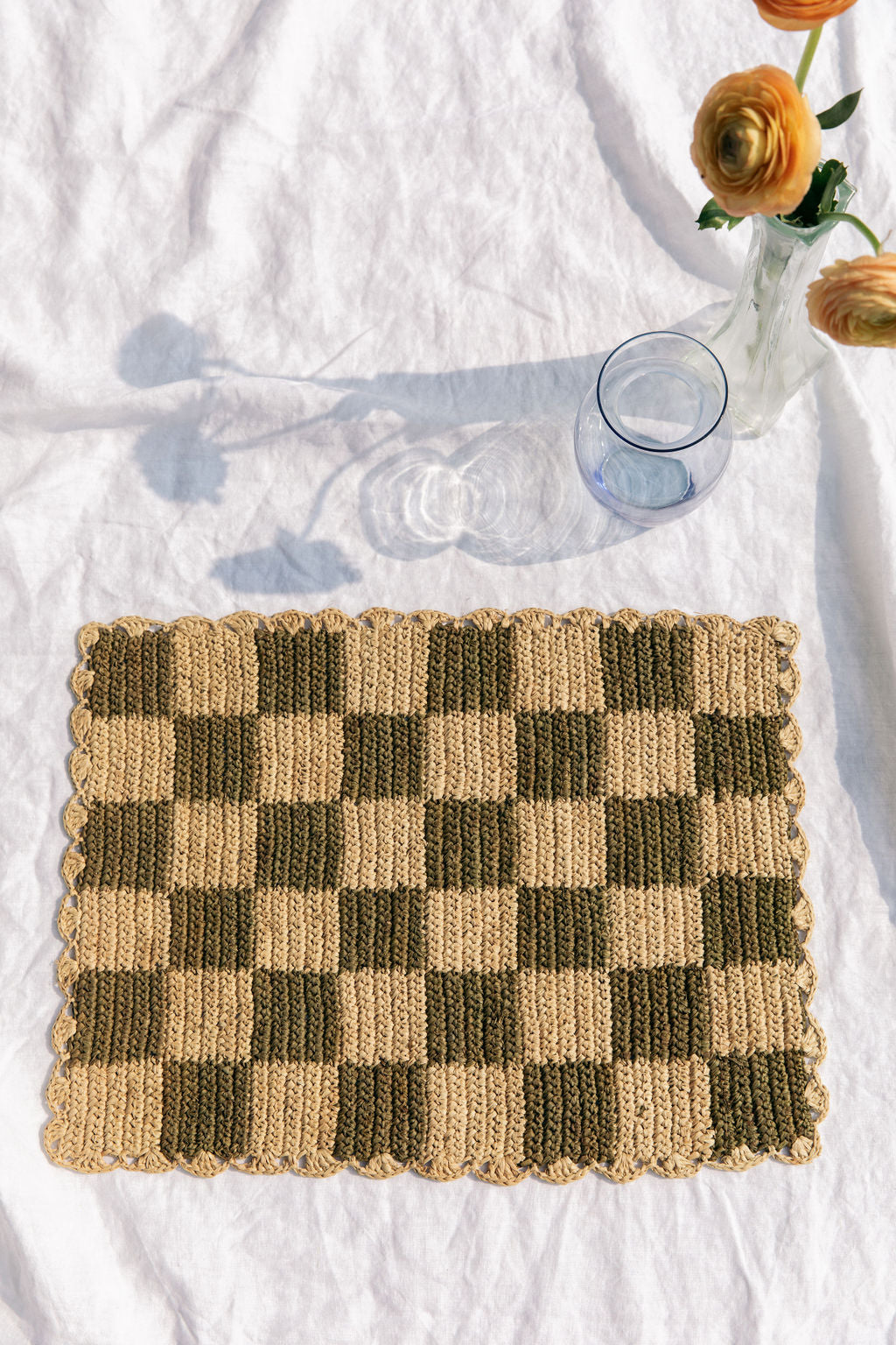 Green checked Placemat, Rectangular raffia tabletop-table top-Parc Decor