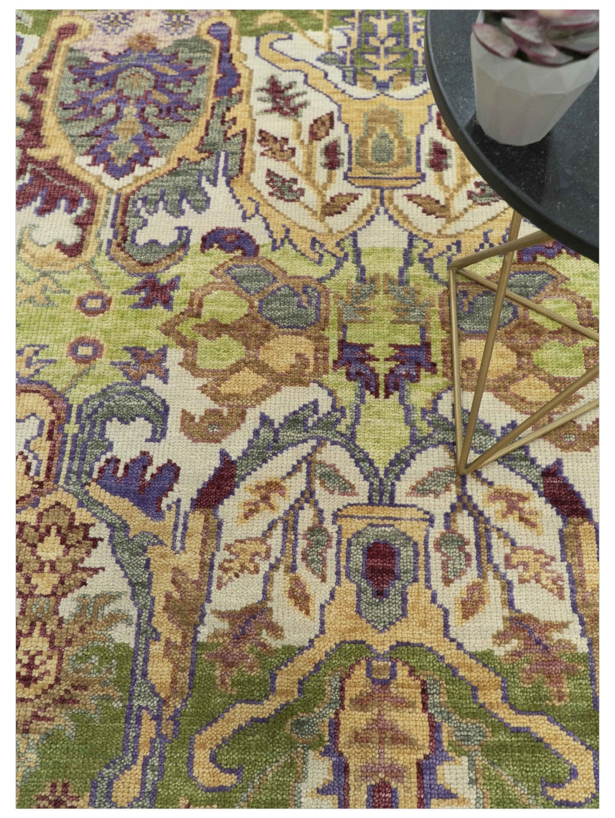 Green, Ivory And Gold Transition Hand Knotted Custom Made wool area rug