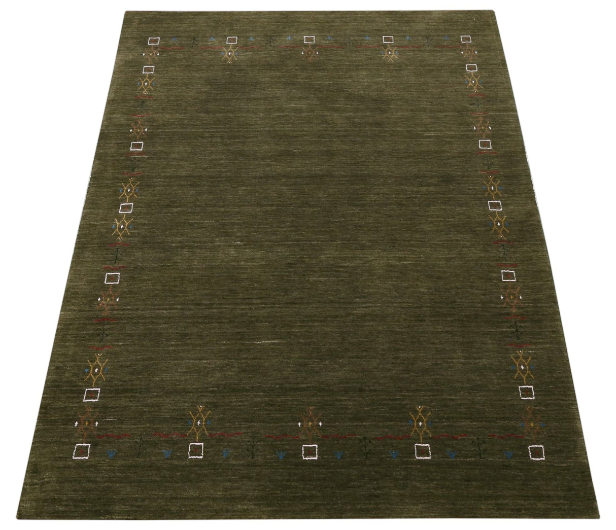 Green Tribal Border Design Hand Loomed Wool Area Rug