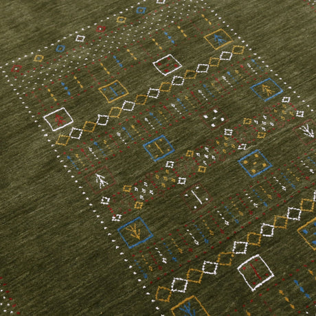 Green Tribal Center Pattern Hand Loomed Wool Area Rug