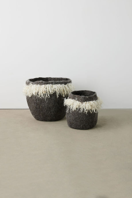 Grey Fringed Skirt Wool & Mohair Basket-Baskets & Vessels-Parc Decor