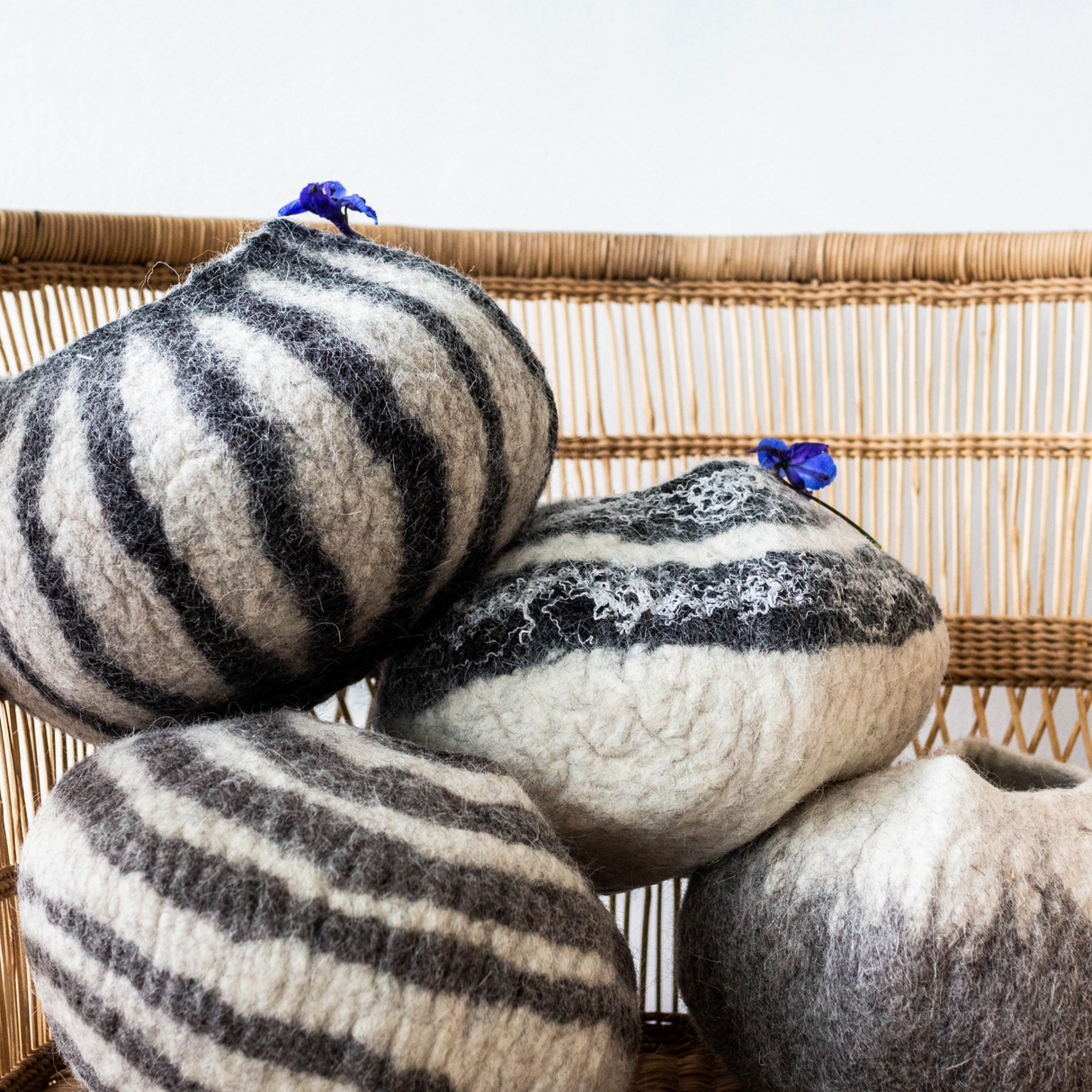 Grey Karakul Striped Decorative Wool Ukhamba Bowl-Baskets & Vessels-Parc Decor