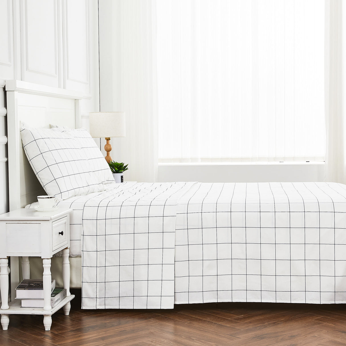Grid Printed Cotton Percale Sheet Set-Bed Sheets-Parc Decor