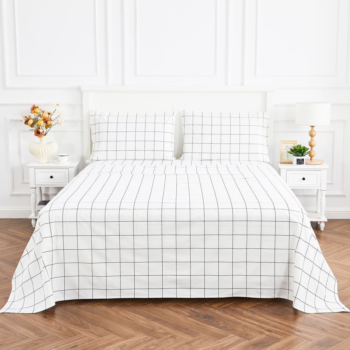 Grid Printed Cotton Percale Sheet Set-Bed Sheets-Parc Decor