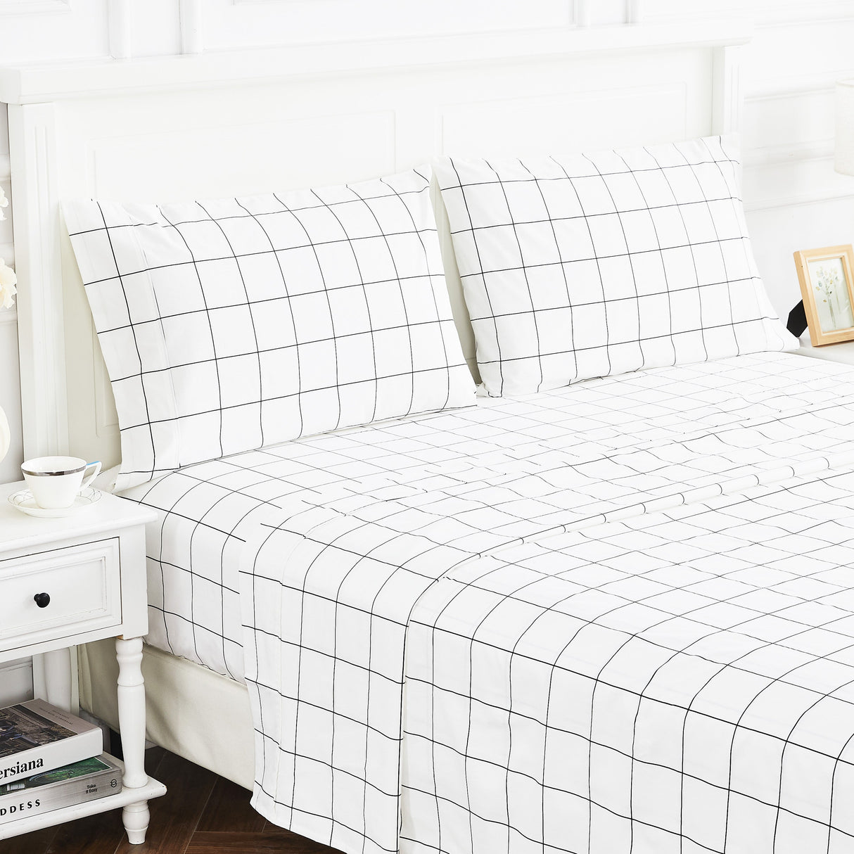 Grid Printed Cotton Percale Sheet Set-Bed Sheets-Parc Decor